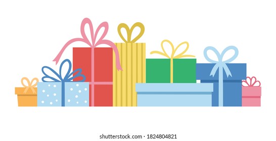 Vector horizontal set of cute presents with bows. Funny birthday or Christmas gift boxes collection. Bright holiday illustration for kids. Cheerful celebration background.
