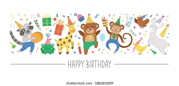 Vector horizontal set with flat Birthday characters and elements. Card template design with cupid, funny animals, present, cake, confetti. Cute holiday party border, great for kids zone decoration.
