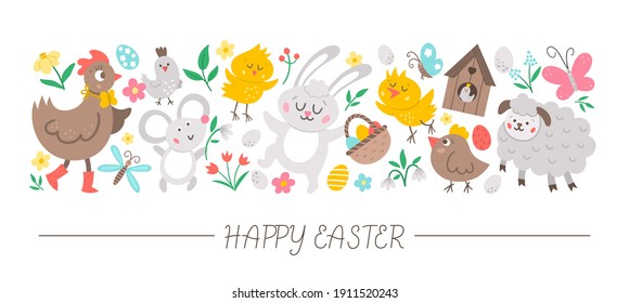 Vector horizontal set with flat Easter day characters and elements. Card template design with bunny, egg, funny animals, birds, flowers. Cute Spring holiday border.
