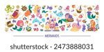 Vector horizontal set with mermaids, castle, water animals. Underwater kingdom card template design with ocean princess, prince. Marine fairytale characters for kids. Cute sea border with sirens
