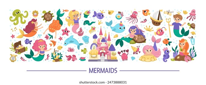 Vector horizontal set with mermaids, castle, water animals. Underwater kingdom card template design with ocean princess, prince. Marine fairytale characters for kids. Cute sea border with sirens
