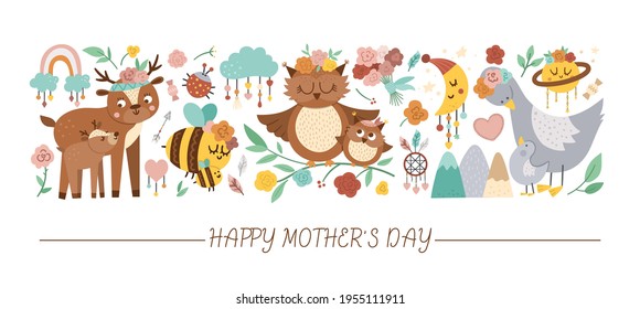 Vector horizontal set with Mothers day characters and elements. Card template design with cute forest baby animals and parents showing family love. Funny boho style holiday border.
