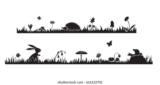 vector horizontal silhouette on meadow with animals and herbs for children's room