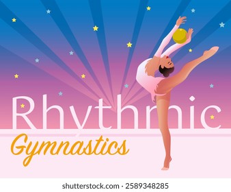 Vector horizontal sport banner design template. Rhythmic gymnast doing performance with ball and text on pink blue background 