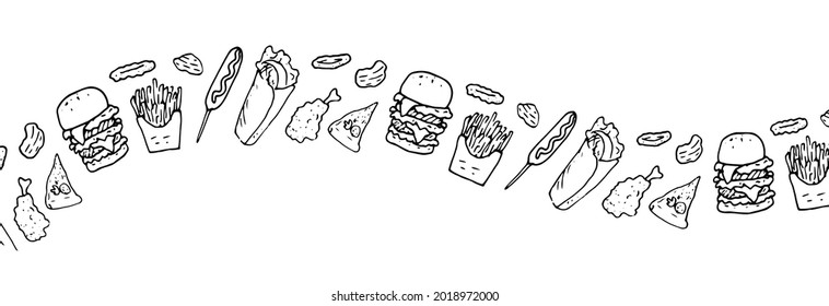 Vector horizontal strip from fast food. Long wavy strip of fast food elements, hamburger, onion rings, chips, shawarma, chicken leg, French fries, isolated black outline on a white background 