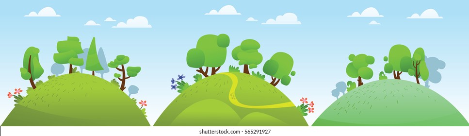 Vector horizontal summer landscape with, forest, hills and trees.