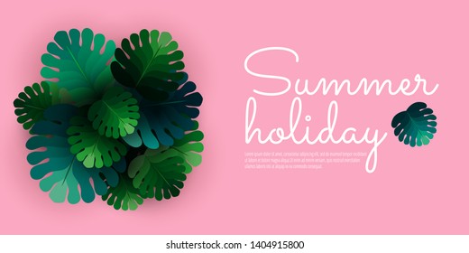 Vector horizontal summer Sale banner with green tropical palm, monstera leaves on the pink background.Simple design with place for your text. Seasonal Offer. Summer Holiday Exotic bright template. 