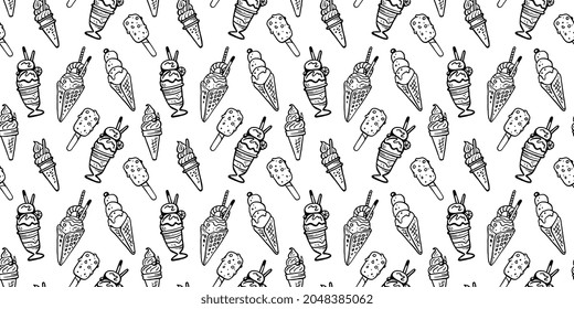 Vector Horizontal Sweet Illustration of Tasty Different Ice Cream on White Background, Black Line Art Style Seamless Pattern Design with Ice Cream for Paper Print, Menu, Banner