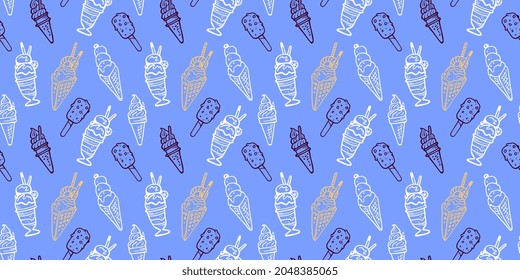Vector Horizontal Tasty Illustration of Sweet Different Line Art Style Ice Cream on Blue Background, Color Seamless Pattern Design with Ice Cream for Paper Print, Menu, Banner