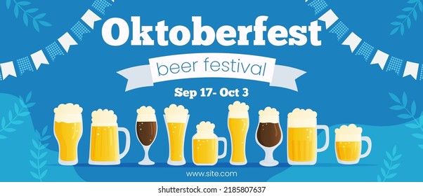 Vector horizontal template banner invitation for Oktoberfest. Autumn beer festival illustration. Beer mugs on blue background with traditional colors flags. Greeting card for social media