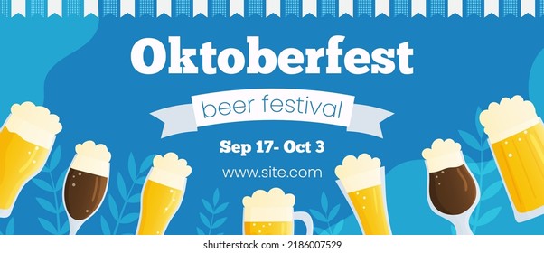 Vector horizontal template banner invitation for Oktoberfest. Autumn beer festival illustration. Beer mugs on blue background with traditional colors flags. Greeting card for social media