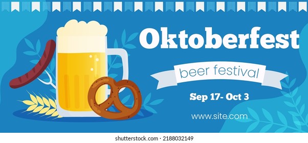 Vector horizontal template banner invitation for Oktoberfest. Autumn beer festival illustration. Beer mug on blue background with traditional colors flags. Greeting card for social media.