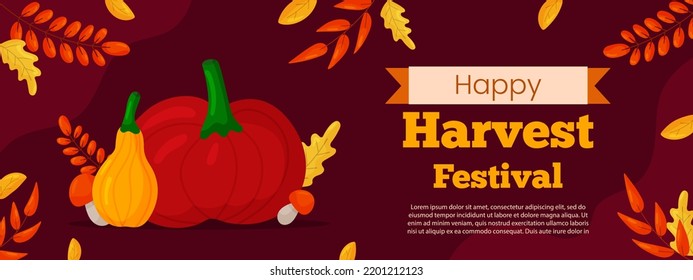 Vector horizontal template banner invitation for Harvest festival. Autumn Thanksgiving day illustration. Pumpkins and leaves on brown background. Greeting card harvesting celebrate for social media