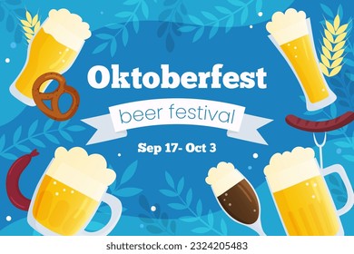 Vector horizontal template banner invitation for Oktoberfest. Autumn beer festival illustration. Beer mugs on blue background with traditional colors flags. Greeting card for social media.