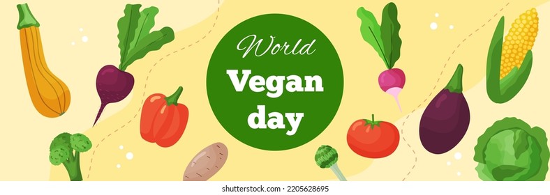 Vector Horizontal Template Banner World Vegan Day. Greeting Card Illustration With Vegetable Of Organic Food And Healthy Diet. Flyer For Event And Social Media.