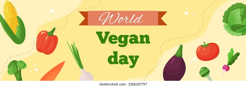 Vector Horizontal Template Banner World Vegan Day. Greeting Card Illustration With Vegetable Of Organic Food And Healthy Diet. Flyer For Event And Social Media.