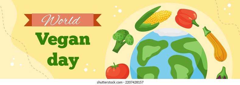 Vector Horizontal Template Banner World Vegan Day. Greeting Card Illustration With Vegetable Of Organic Food And Healthy Diet. Flyer For Event And Social Media