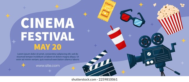 Tarjeta de póster del festival de cine de plantilla horizontal vectorial. Cesta de palomitas, boleto, taquilla, gafas 3d sobre fondo violeta. Volante o folleto del evento.