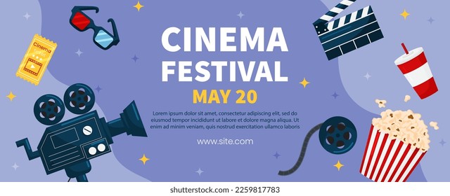 Tarjeta de póster del festival de cine de plantilla horizontal vectorial. Cesta de palomitas, boleto, taquilla, gafas 3d sobre fondo violeta. Volante o folleto del evento.