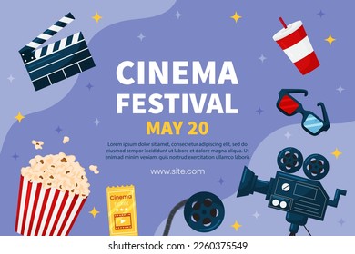 Vector horizontal template cinema movie festival poster card. Popcorn basket, ticket, clapper, 3d glasses on violet background. Flyer or brochure for event.