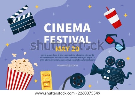 Vector horizontal template cinema movie festival poster card. Popcorn basket, ticket, clapper, 3d glasses on violet background. Flyer or brochure for event.