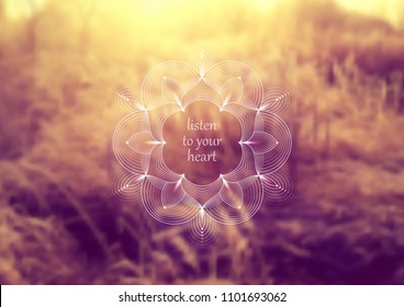 Vector horizontal template design for web and social media; Wonderful sacred geometry on landscape blurred background with motivational phrase or place for your text.