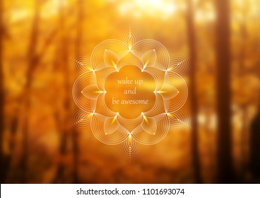 Vector horizontal template design for web and social media; Wonderful sacred geometry on landscape blurred background with motivational phrase or place for your text.