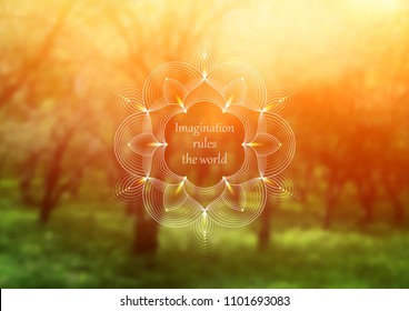 Vector horizontal template design for web and social media; Wonderful sacred geometry on landscape blurred background with motivational phrase or place for your text.