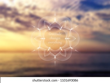 Vector horizontal template design for web and social media; Wonderful sacred geometry on landscape blurred background with motivational phrase or place for your text.