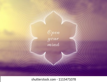 Vector horizontal template design for web and social media; Wonderful sacred geometry on landscape blurred background with motivational phrase or place for your text.