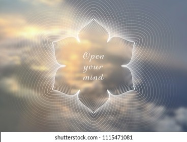 Vector horizontal template design for web and social media; Wonderful sacred geometry on landscape blurred background with motivational phrase or place for your text.