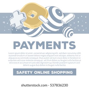 Vector horizontal template with golden and silver 3d elements on white background with title, text and slogan. Creative concept design for payment system web, site, network, print document 
