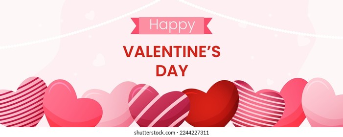 Vector horizontal template greeting card for Valentines day. Hearts on pink background illustration. Flyer for celebrate event and social media.