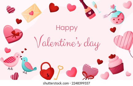 Vector horizontal template greeting card for Valentines day. Valentine's decoration on pink background illustration. Flyer for celebrate event and social media. Backdrop for holiday event