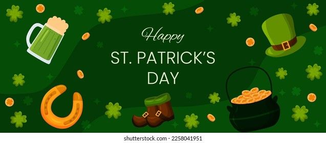 Vector horizontal template greeting card for Saint Patrick's Day. Pot of gold coins, shoes, horseshoe, and clovers on green background illustration. Flyer for celebrate event and social media