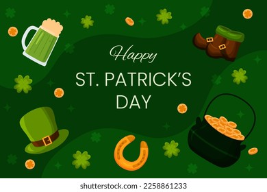 Vector horizontal template greeting card for Saint Patrick's Day. Pot of gold coins, shoes, horseshoe, and clovers on green background illustration. Flyer for celebrate event and social media.