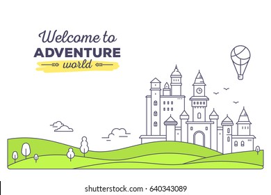 Vector horizontal template with illustration of landscape and title. Castle with tree, cloud, air balloon on white background with green meadow. Thin line art design for web, site, advertising, banner