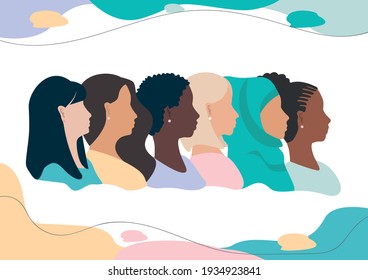 Vector horizontal template profile of girls of different nationalities and cultures together on an abstract modern background with place for text. European, African American, Asian, Muslim.