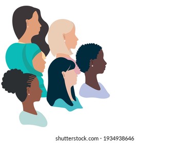 Vector horizontal template profile girls girlfriends of different nationalities and cultures stand together on a white background. European, African American, Asian, Muslim.