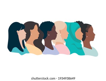 Vector horizontal template profile girls girlfriends of different nationalities and cultures stand together on a white background. European, African American, Asian, Muslim.