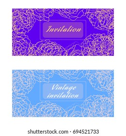 a vector horizontal template; an romantic invitation card or seasonal sales banner; for wedding; birthday or other events; with hand drawn floral pattern from peony; provence style; shabby chic