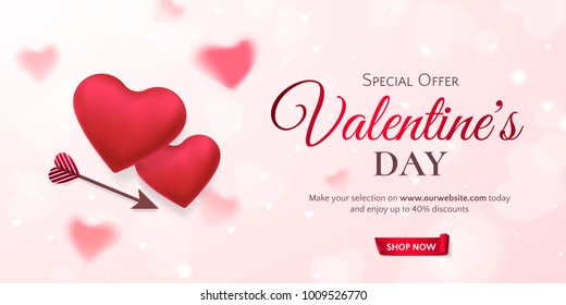 Vector horizontal template for sale banner for Valentine’s Day with red hearts and an arrow. Holiday pink background for design of flyers with discount offers. With place for text.