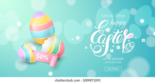 Vector horizontal template for sale banner for Happy Easter with colored eggs, a broken eggshell, bunny ears and a pink ribbon. Holiday blue background for design of flyers with discount offers.