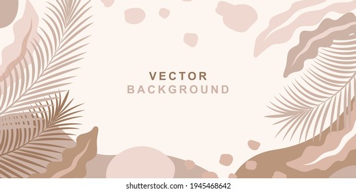 Vector horizontal template in simple trendy flat style with place for text. Background,frame with abstract coloured shapes and leaves  for greeting cards, banners and wallpapers  social media stories.