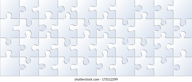 Vector horizontal textured background composed of forty white puzzles