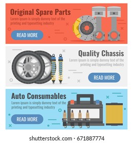 Vector horizontal three banners for auto spare parts in flat style with button. Original details, quality chassis and auto consumables on colored backgrounds