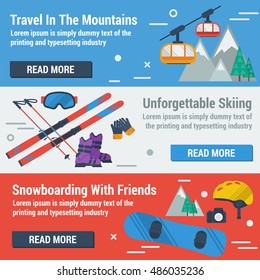 Vector horizontal three banners skiing, snowboarding and equipment for winter recreation. Lift mountain and nature in flat style