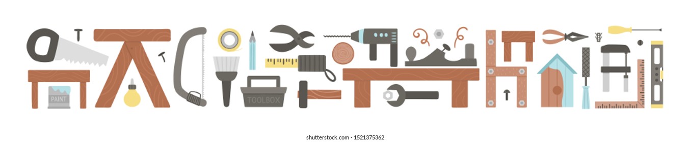 Vector horizontal tools set. Flat colored illustration with building, carpenter equipment for card, poster or flyer design. Woodwork, repair service or craft workshop concept
