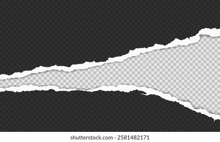 Vector horizontal torn paper edge. Ripped paper strip with soft shadow.