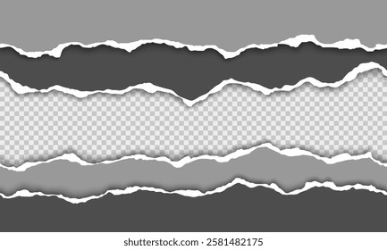 Vector horizontal torn paper edge. Ripped paper strip with soft shadow.